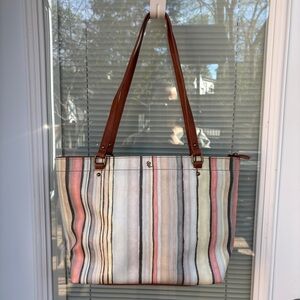 Elliott Lucca Aria Watercolor Stripes Shoulder Tote Handbag Vegan Leather EUC